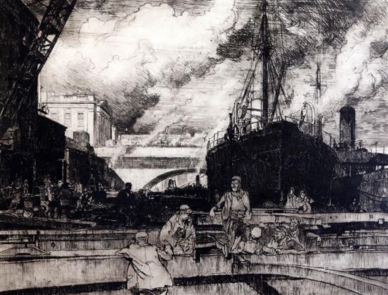 Frank Brangwyn (1867-1956) Docklands scene 16.5 x 22in.